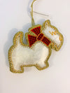 Decoration - White Scottie with Crystal Chain & red Tartan Bow